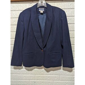 Pendleton Women's Navy Blue One Button Wool Shawl Collar Blazer Jacket Size 12